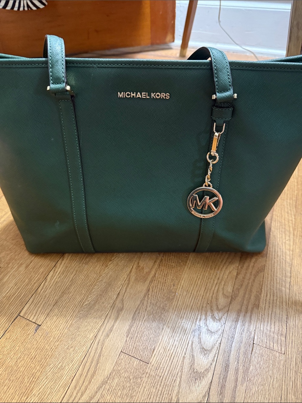 MICHAEL KORS Forest Green Saffiano Tote with MK Charm